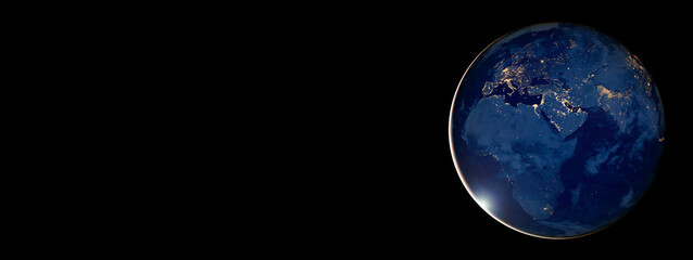 Earth at night from space on black background banner. Elements of this image furnished by NASA.