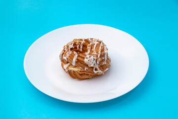 Food, donuts, sweets, custard, on a clean background, blue, banner, peach, pastries, decorative pastries, sweet, tasty, on a plate, on a plate