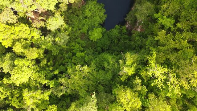 Aerial top view. Drone above emerald pool at lom poo kiew in Lampang Province, Thailand.