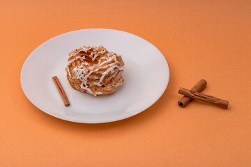 food, donuts, sweets, custard, on a clean background, brown, banner, peach, pastries, decorative pastries, sweet, tasty, on a plate,