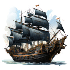 Naklejka premium wooden pirate boat with black sails tranparent
