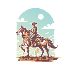 A cowboy riding a horse in the desert with a vintage retro style illustration