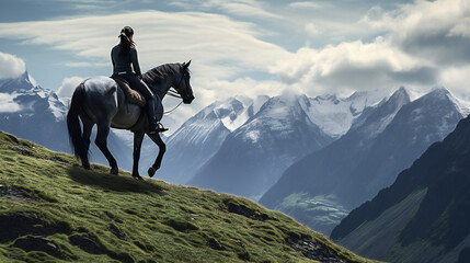 Person on the top of mountain on a Horse, Female rider, Woman Amazone