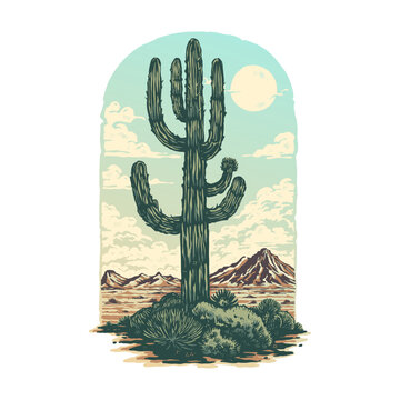 A big cactus on the wild west desert landscape with a cartoon vintage style illustration