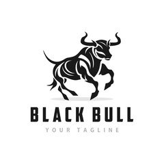 Bull logo, running black bull design, creative silhouette, isolated white background, classic design template vector illustration