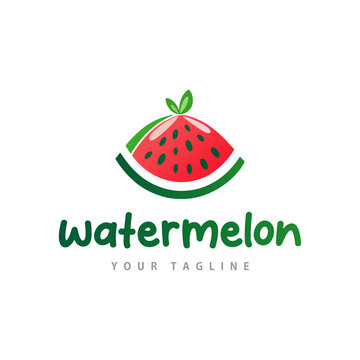Watermelon logo with natural leaf, isolated white background, simple modern flat design template vector illustration