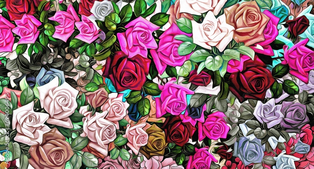 Poster computer graphics of abstract floral psychedelic background stylization of colored chaotic stickers 