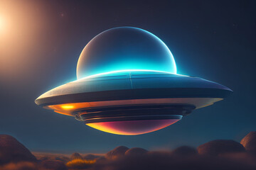 UFO flying over planet Earth. starry night sky background. Flying saucer flies at night in sky. Invasion of extraterrestrial intelligence on an intergalactic ship. Alien abduction. Generative AI