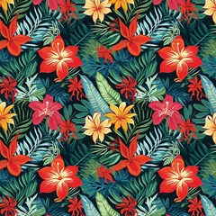 Selbstklebende Fototapeten Tropical Dream: Seamless Pattern of Exquisite Leaves and Floral Delights, 300DPI, 12x12 inc © PixelGuru