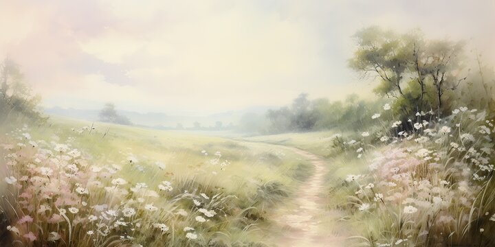 AI Generated. AI Generative. Nature outdoor landscape background field meadow with flowers plant. Botanical watercolor draw paint art. Graphic Art
