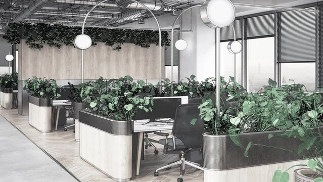 Offene B&uuml;roarchitektur unter Ber&uuml;cksichtung der Nachhaltigkeit bei der Wahl der Materialien und der Raumgestaltung  - 3D Visualisierung mit Tiefenunsch&auml;rfe