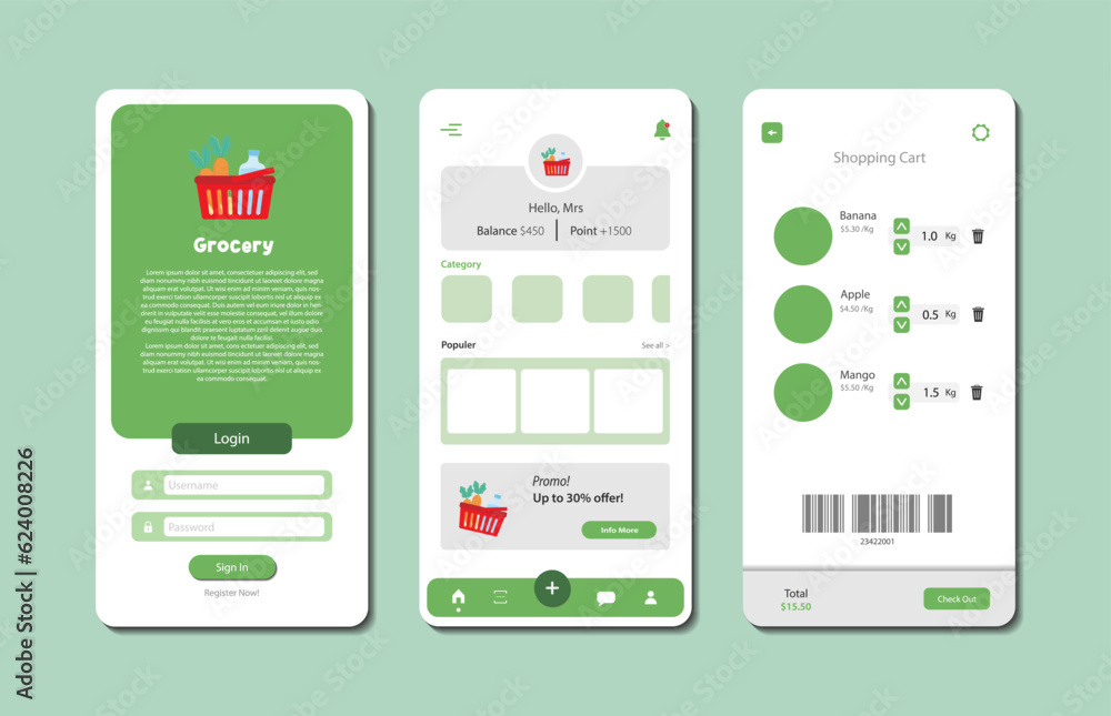 Poster application to buy groceries. collection of online grocery store interface templates. responsive gui