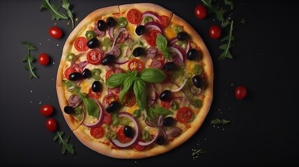 Pizza with ingredients top view.