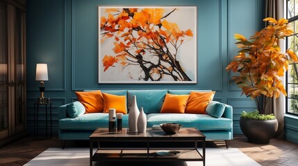 Interior design of modern living room with turquoise sofa and big posters generative ai