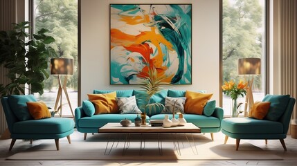 Interior design of modern living room with turquoise sofa and big posters generative ai