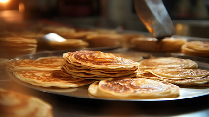 Generative AI image of a mouthwatering roti canai, a flaky Malaysian flatbread, freshly made and served with a side of fragrant curry sauce, a delightful and aromatic staple of Southeast Asian cuisine