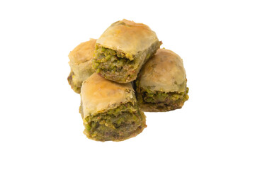 Turkish pistachio baklava isolated on white background.