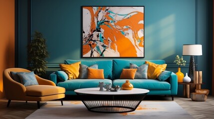 Interior design of modern living room with turquoise sofa and big posters generative ai