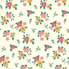 Seamless floral pattern, liberty ditsy print, ornament with small cute flowers. Simple botanical design for fabric, paper: tiny hand drawn flowers, leaves on white background. Vector illustration.