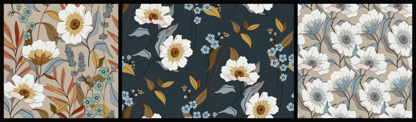 Seamless floral pattern, vintage natural print with large flowers in a set. Elegant botanical design: hand drawn wildflowers, leaves, branches, herbs on a different background. Vector illustration.
