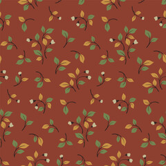 Seamless floral pattern, autumn print with small plants. Simple botanical design, ornament in natural colors: tiny hand drawn branches, leaves, flowers on a brown background. Vector illustration.