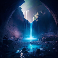Fototapeta na wymiar A hidden underground cavern with glowing crystal, generative ai.