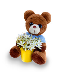 bear with flowers as a gift on a transparent background