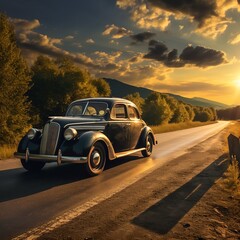 Fototapeta na wymiar Classic car highway sunset