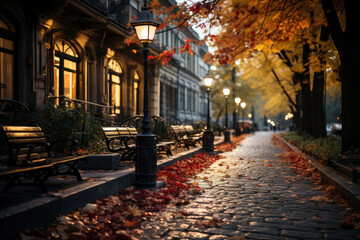 Obraz premium Autumn city landscape, orange golden foliage, fall wallpaper, AI Generated