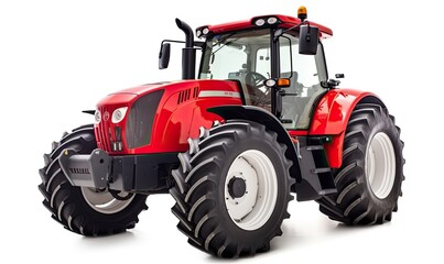 Red modern tractor for agricultural use on white backdrop. Creating using generative AI tools