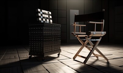 Movie set with director's chair and clapperboard in foreground Creating using generative AI tools
