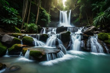 waterfall in the forest and mountains