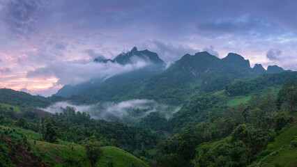 Chiang Dao Mountain at Sunrise, Majestic Peaks Wrapped in Morning Clouds, Chiang Mai Province, Thailand