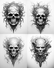 A black and white tattoo sketch of a demonic skull with veins in the style of realism with fantasy elements. Variations set. Generative AI