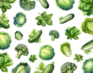 Watercolor vegetables pattern background. Food background illustration. Generative AI