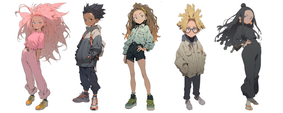 5 anime character design: Sakura Nakamura, Takeshi Tanaka, Aiko Suzuki, Hiroshi Yamamoto, Mei Nakamura