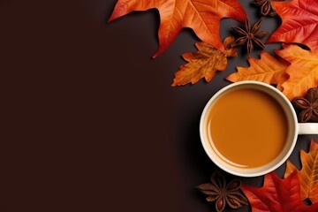 Cup of fresh hot tea with autumn leaves and plaid, top view flat lay, AI Generated