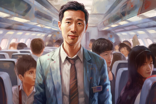 Chinese man stands in the aisle of an airplane, Generative AI