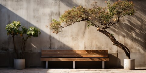 AI Generated. AI Generative. Urban city garden park with concrete stone wall and wooden bench and tree. Nature outdoor relaxing minimal style vibe