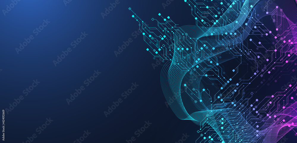 Aufkleber Quantum computer technologies concept. Futuristic blue circuit board background. Modern technology circuit board texture background design. Waves flow. Quantum explosion technology, illustration