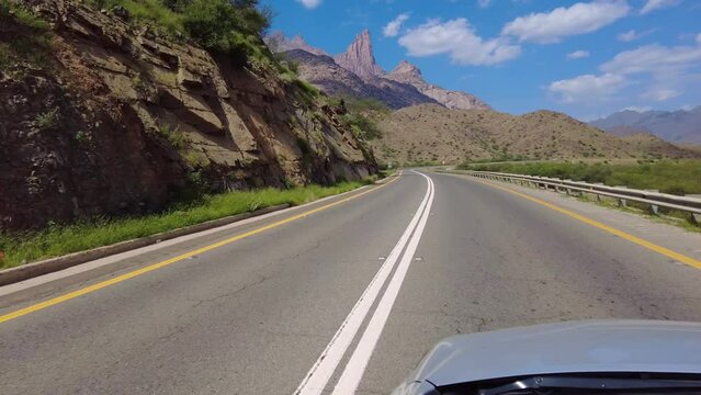 Al Bahah, Saudi Arabia: Point of view of a car driving in the desert road by the Jabal Shada mountain south of Jeddah in western Saudi Arabia