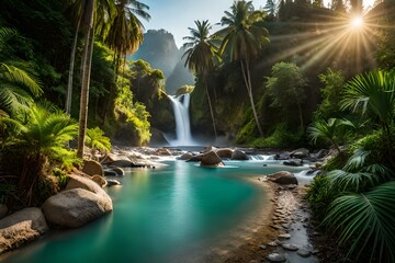 waterfall in the forest and mountains