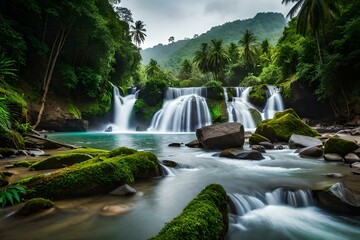waterfall in the forest and mountains