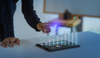 Technology digital online marketing commerce network concept, hands using tablet with marketing strategy interface.