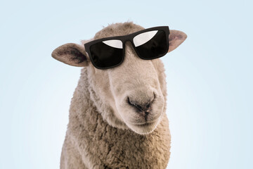 Cool hipster sheep in fashion sunglasses on a blue background. creative idea