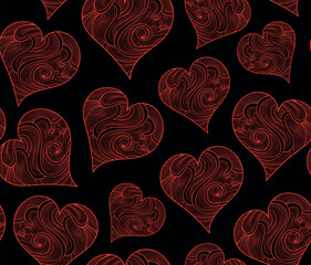 Beautiful decorative Valentine vector seamless pattern with ornamental figured red hearts