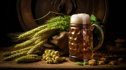 Beer Mug With Wheat And Hops In Cellar With Barrel