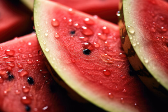 A close-up of red watermelon slice. Freshness of fruit with vitamins for care weight. Low-calorie, diuretic effects, digestion, excretion of toxins as ideal for healthy body. Generative ai