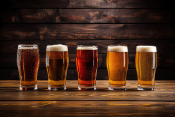 Four glassed of beer on wooden background