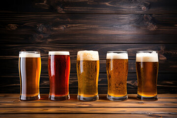 Four glassed of beer on wooden background